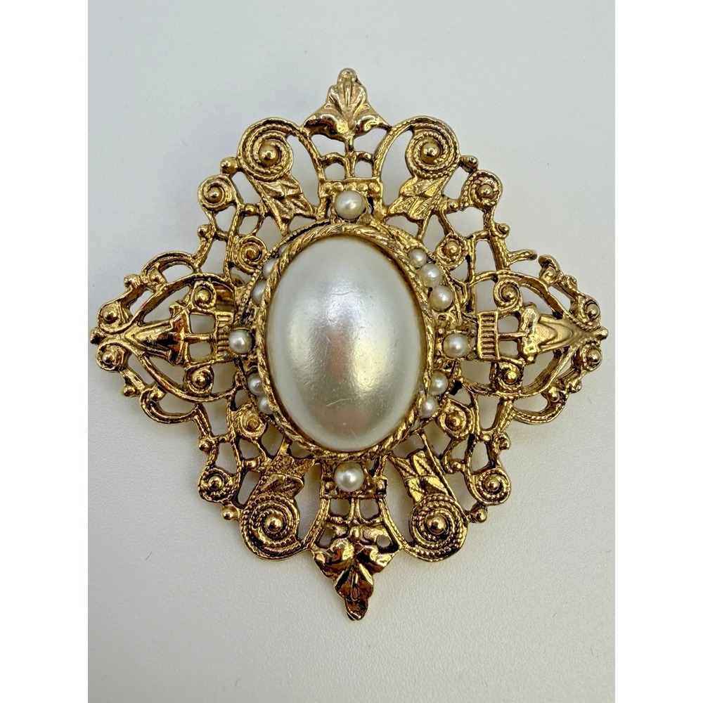 Vintage Gold Tone Filigree Brooch Large Faux Pearl Center Ornate Victorian